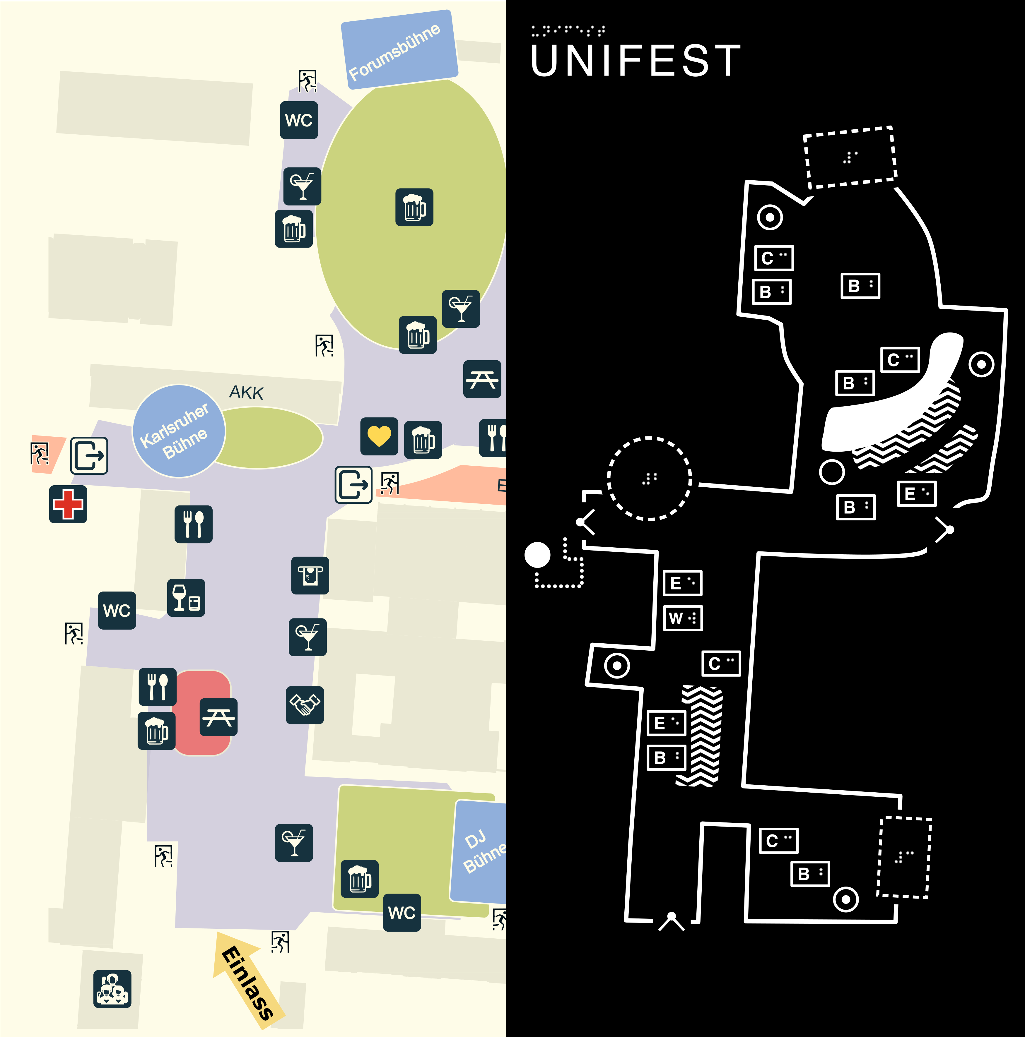 A two-part illustration. Both show a map of Unifest with information for visitors.
The outline of the grounds, the positions of three stages, various food and drink stands, entrances and exits, toilets, and other location markers are shown.
The left-hand map uses a light background and different colors. Some with low contrast, for the buildings surrounding the grounds.
It contains elements that are not shown on the other map: markers for sponsor locations, text labels on elements, additional emergency exits, and volunteer registration.
The plan on the right has a black background and otherwise uses only white.
In contrast to the plan on the left, it includes a markers for a tactile floor guidance system.
While the plan on the left marks seating areas by their location but not by their shape, the plan on the right does not use an icon for this information, but instead highlights the area geometrically correctly with a pattern from the background.
The individual symbols are not placed on a colored surface, but inside an outline.
In the upper left corner, the word “Unifest” is written in Braille and print with a letter height of 2.5 cm.