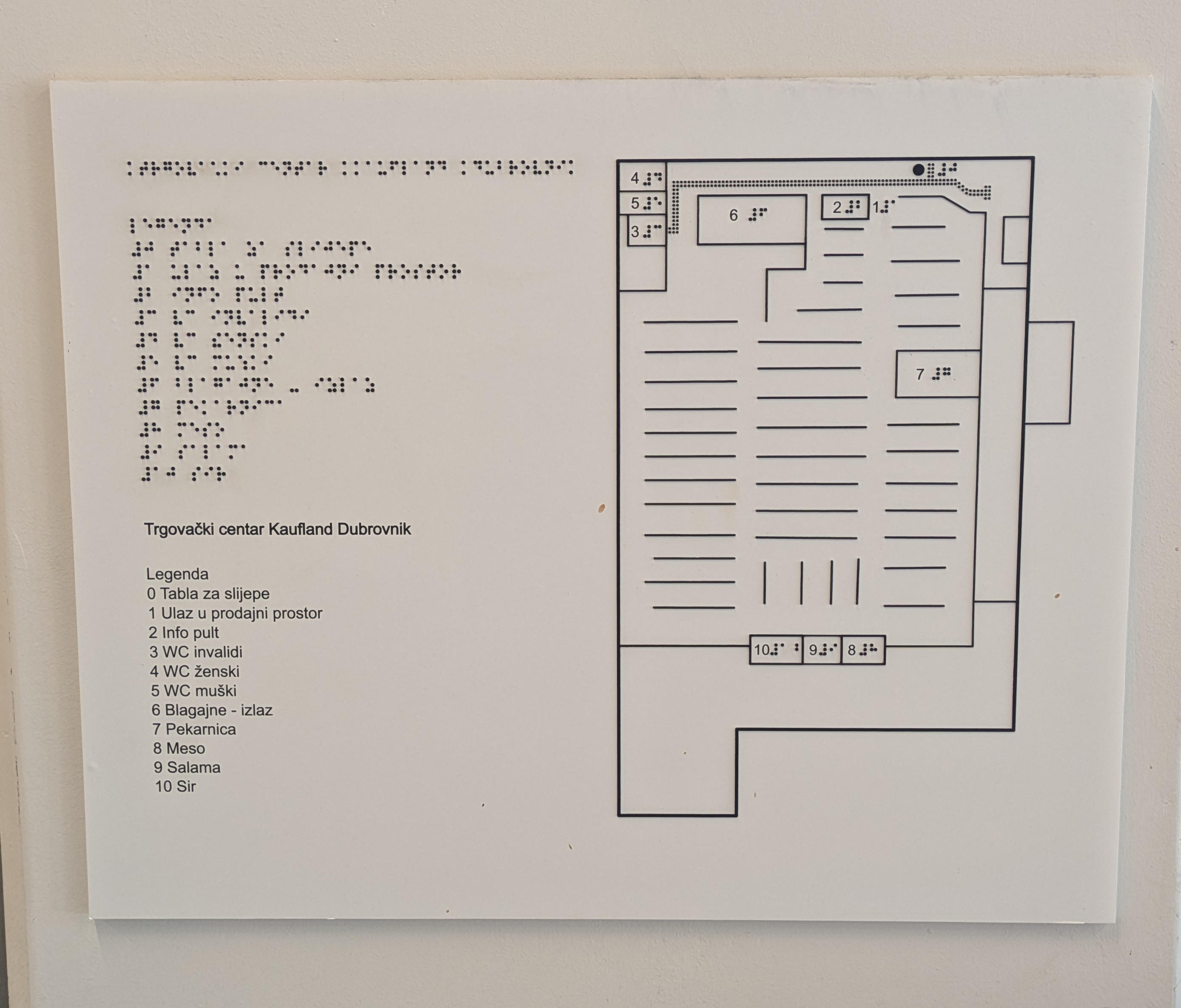 A photo of a tactile map, approximately 50 x 50 cm. All elements are visually either black or white. All tactile elements are visually black. The print text itself is flat. The left half contains the legend. After a heading, it lists various locations numbered from 0 to 10, such as “Information,” “Restroom,” “Cashier,” or “Cheese Department”. The language is Croatian however.
The legend text in Braille occupies the upper left quadrant.
A copy in print is in the lower left quadrant. The font size corresponds to the character height of 6-point Braille characters.
The actual map is in the right half.
It presents the exterior and interior walls of the supermarket branch with a solid line.
Many horizontal lines are distributed in three columns from top to bottom, corresponding to the sales shelves.
The elements from the legend are marked on this map by placing the individual Braille number at the corresponding position.
Next to the number in Braille is the same number in print. 
The position of the plan itself is indicated by a circle with a diameter of approximately 5 mm.
A tactile floor guidance system is indicated by a dotted line.
This line runs from the top right of the map (where the entrance is located) along the upper edge to almost the left edge, before turning downwards for a short distance along the marked toilets.
It passes the location of the map itself, the marked entrance to the sales area, an information desk, and the cash registers.